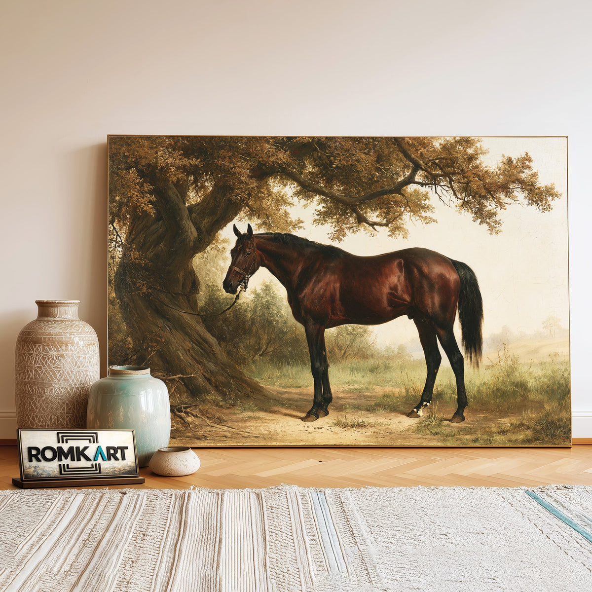 Bay Horse And Large Tree Oil Painting - image 3