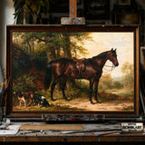 Bay Horse with two Spaniels Dogs - Hand-Painted Oil Painting - View 1