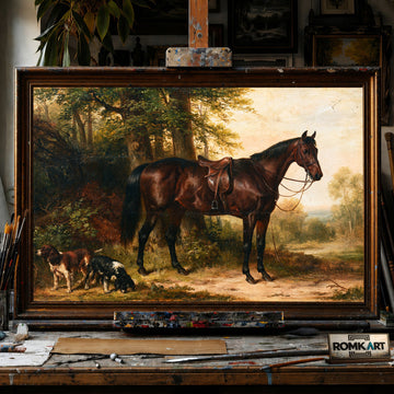 Bay Horse with two Spaniels Dogs - Hand-Painted Oil Painting - View 1