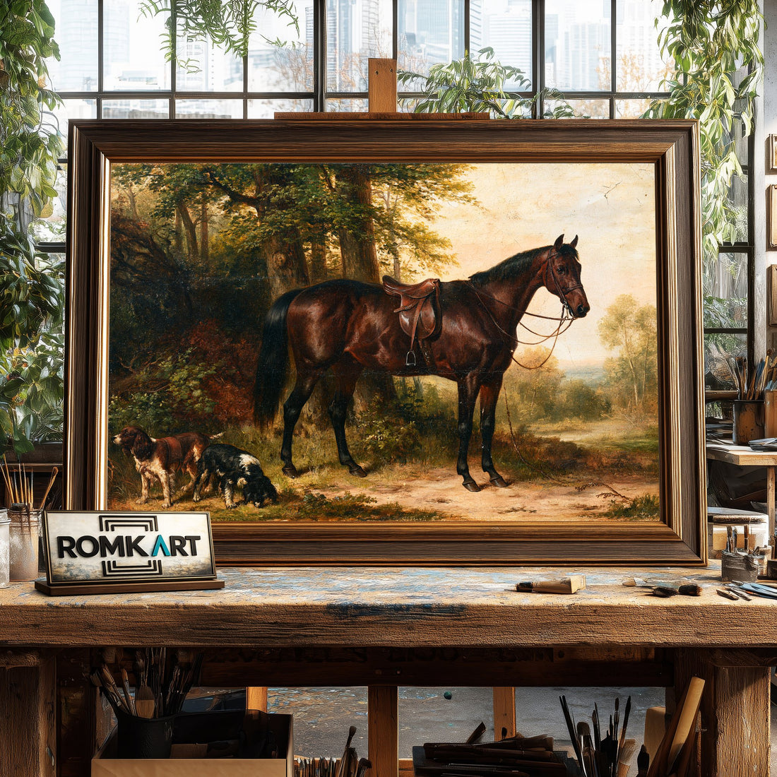 Bay Horse with two Spaniels Dogs - Hand-Painted Oil Painting - View 1