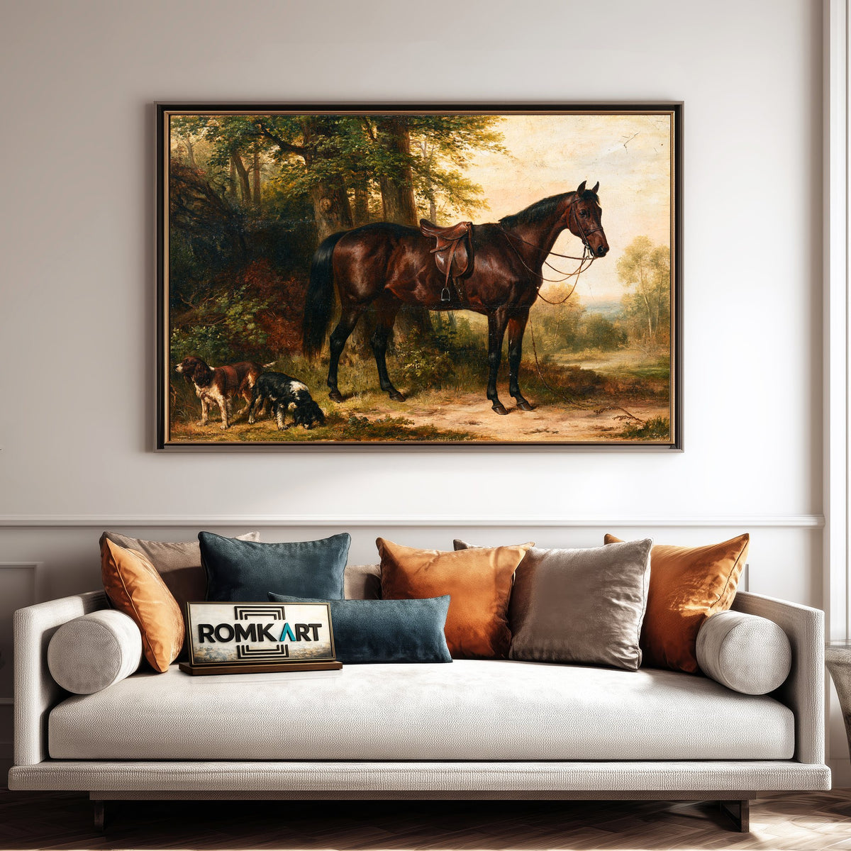 Bay Horse With Two Spaniels Dogs Oil Painting - image 4