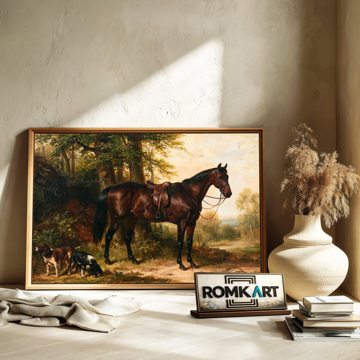 Bay Horse With Two Spaniels Dogs Oil Painting - image 6