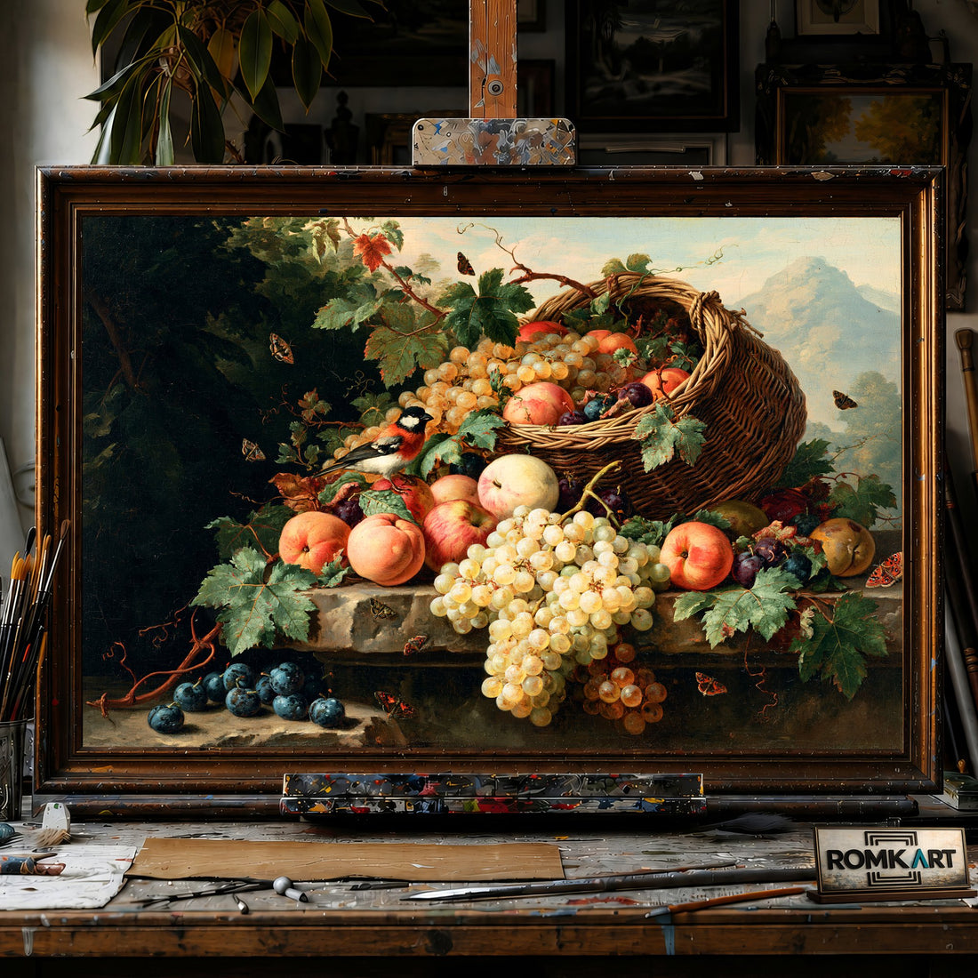 Bbasket of Apples Plums and Grapes - Hand-Painted Oil Painting - View 1