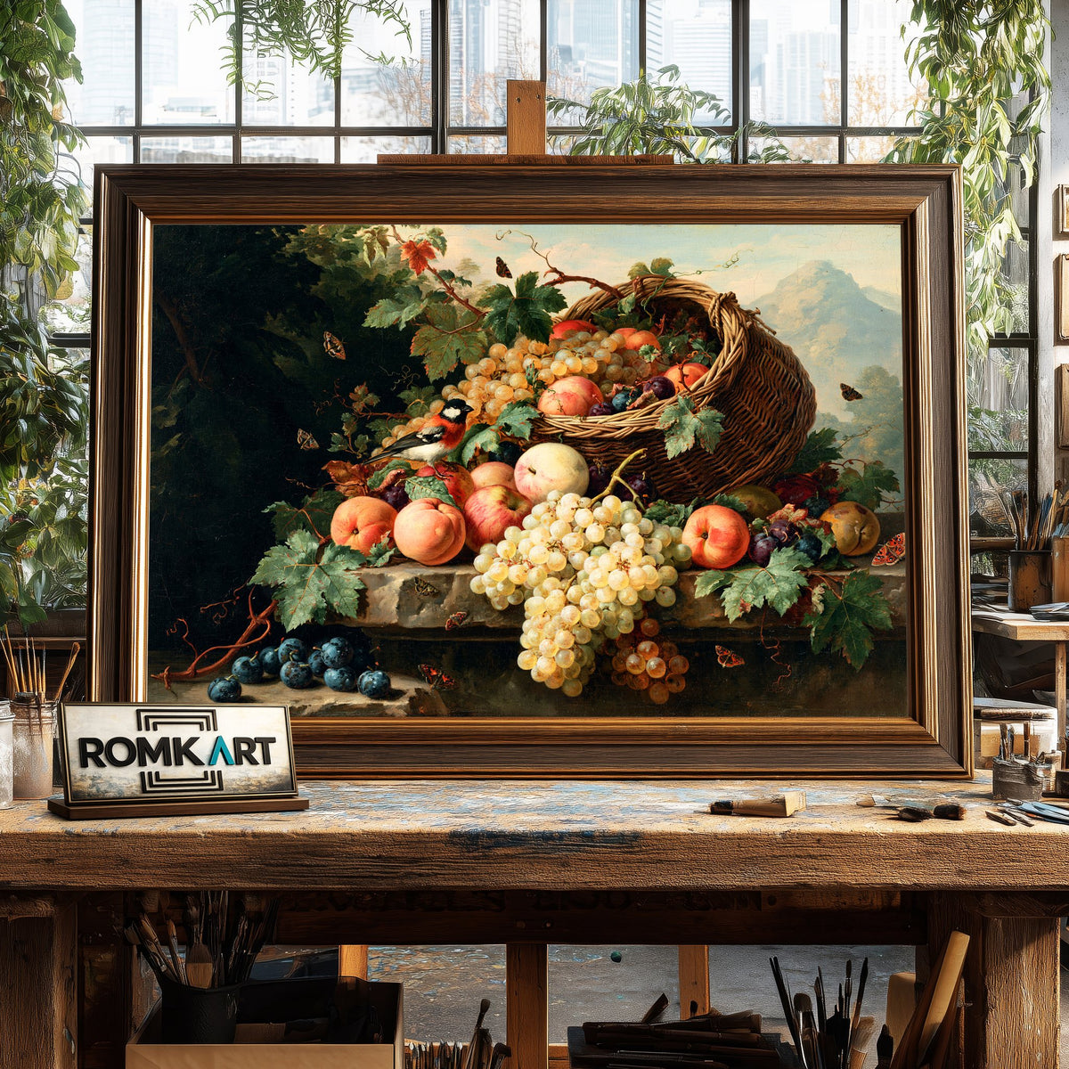 Basket Of Apples Plums And Grapes Oil Painting - image 2
