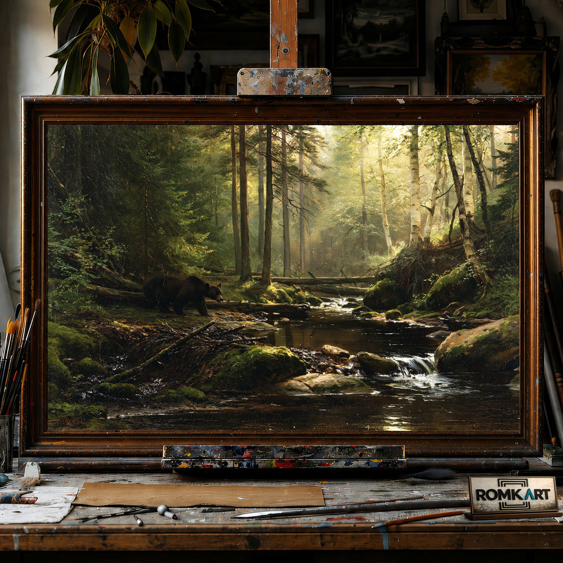 Bear Forest Stream - Hand-Painted Oil Painting - View 1
