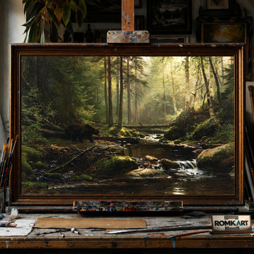 Bear Forest Stream - Hand-Painted Oil Painting - View 1