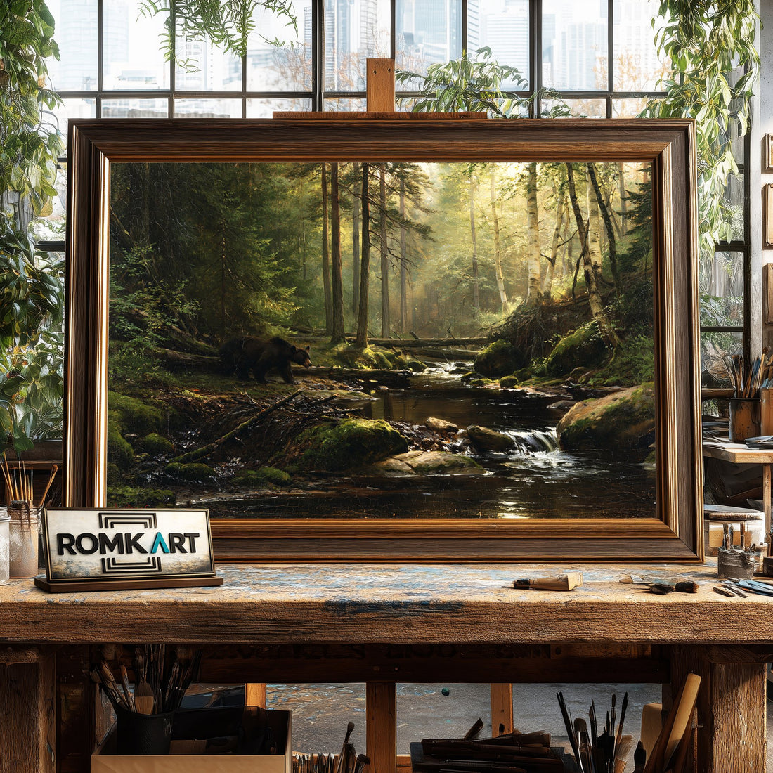 Bear Forest Stream - Hand-Painted Oil Painting - View 1