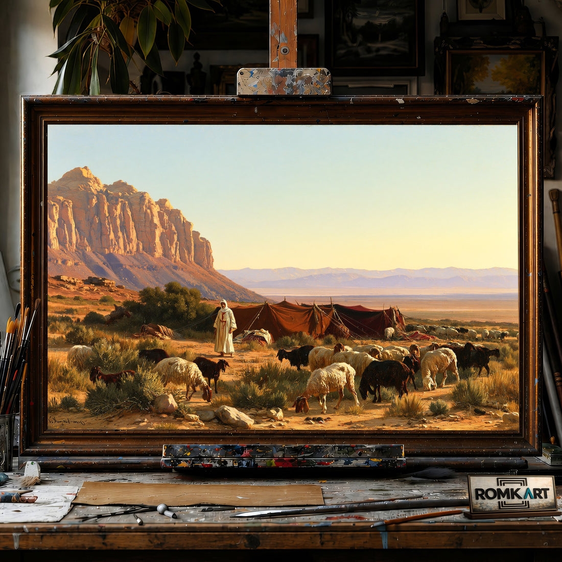 Bedouin Encampment in a Vast Desert Landscape - Hand-Painted Oil Painting - View 1