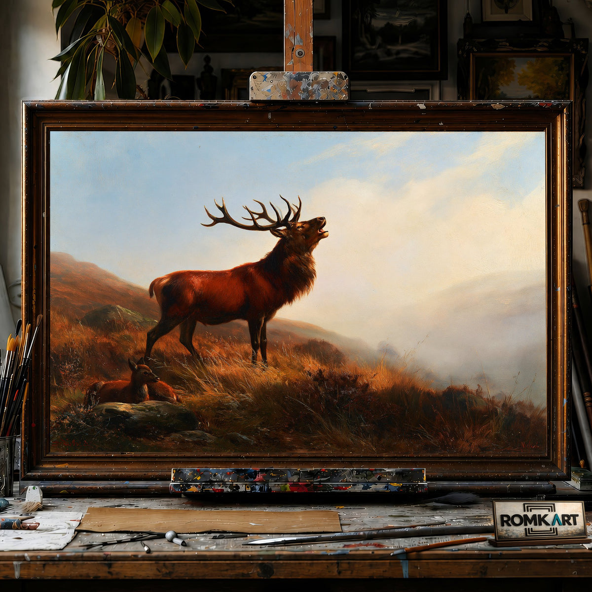 Bellowing Stag - Hand-Painted Oil Painting - View 1