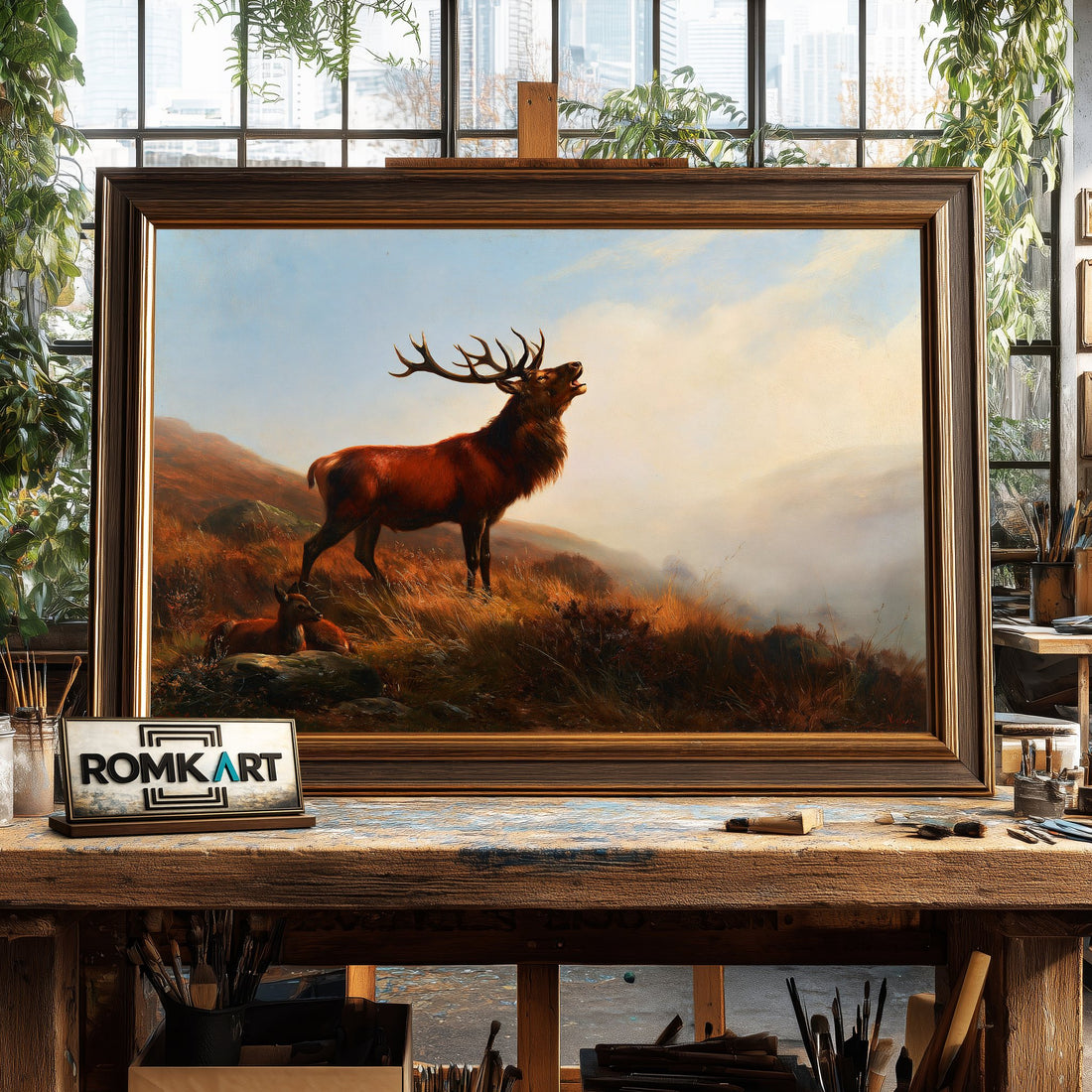 Bellowing Stag - Hand-Painted Oil Painting - View 1