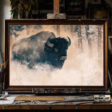 Bison in Winter Mist hand-painted oil painting on canvas