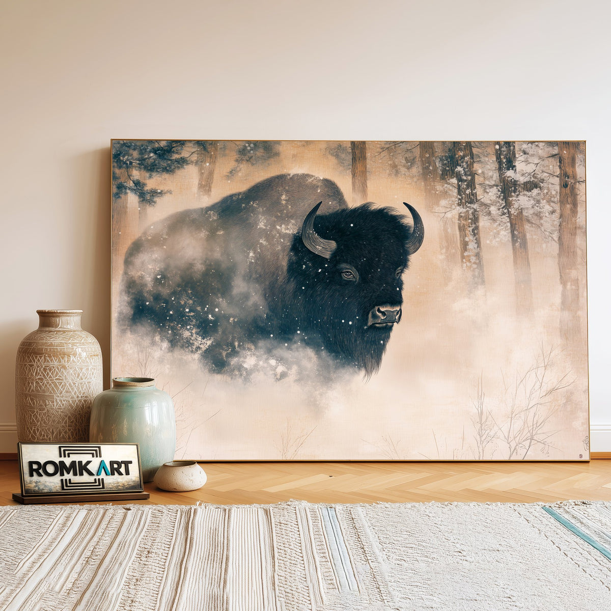 Bison in Winter Mist Wildlife Oil Painting - image 3