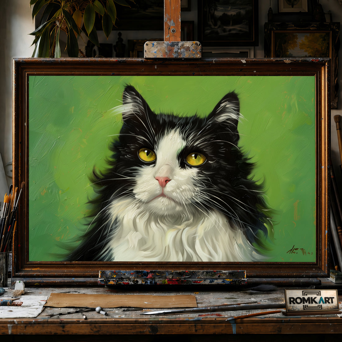 Black and White Cat hand-painted oil painting on canvas