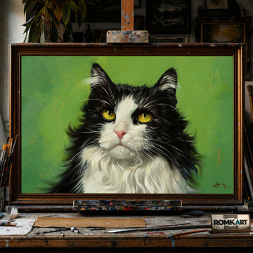 Black and White Cat hand-painted oil painting on canvas