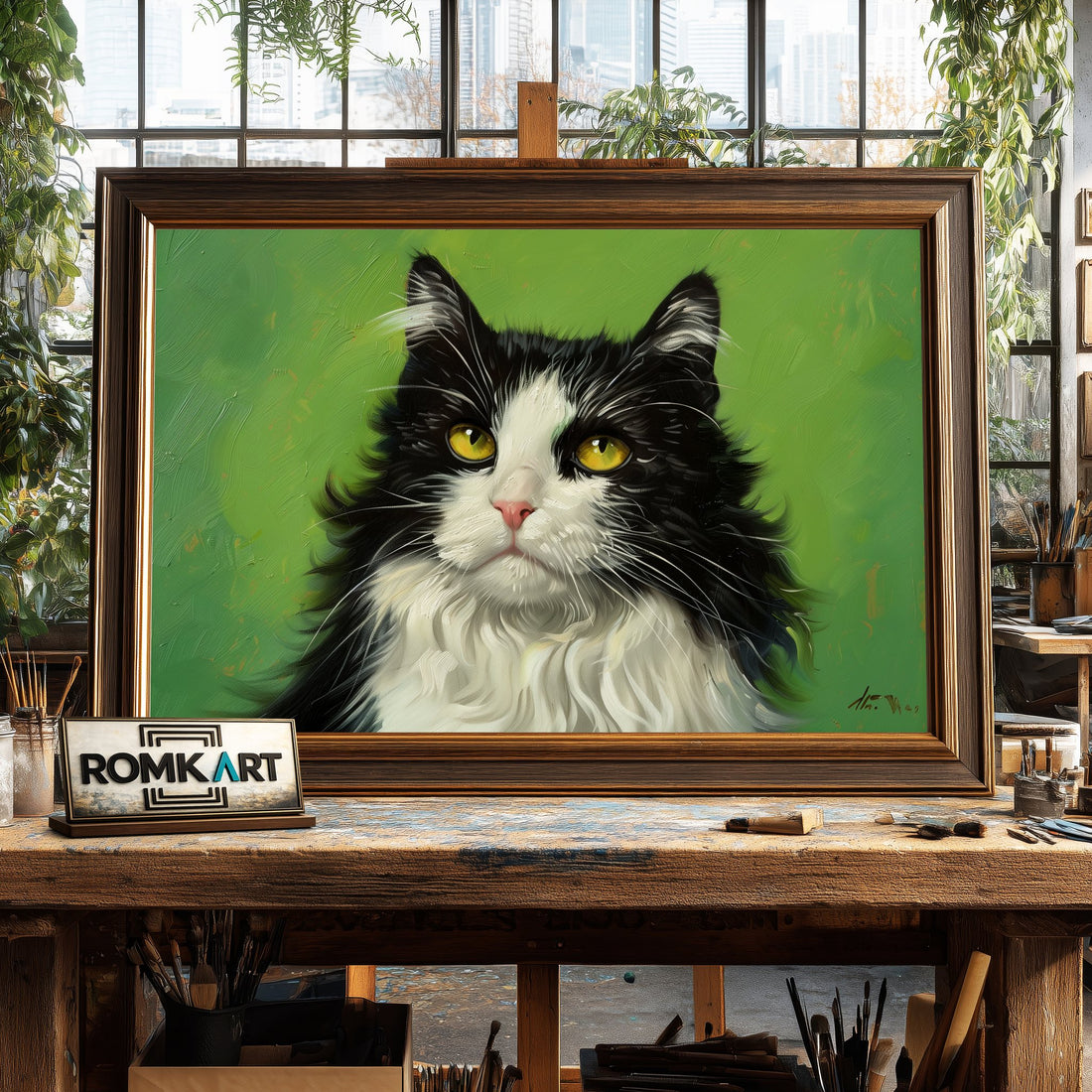 Black and White Cat hand-painted oil painting on canvas
