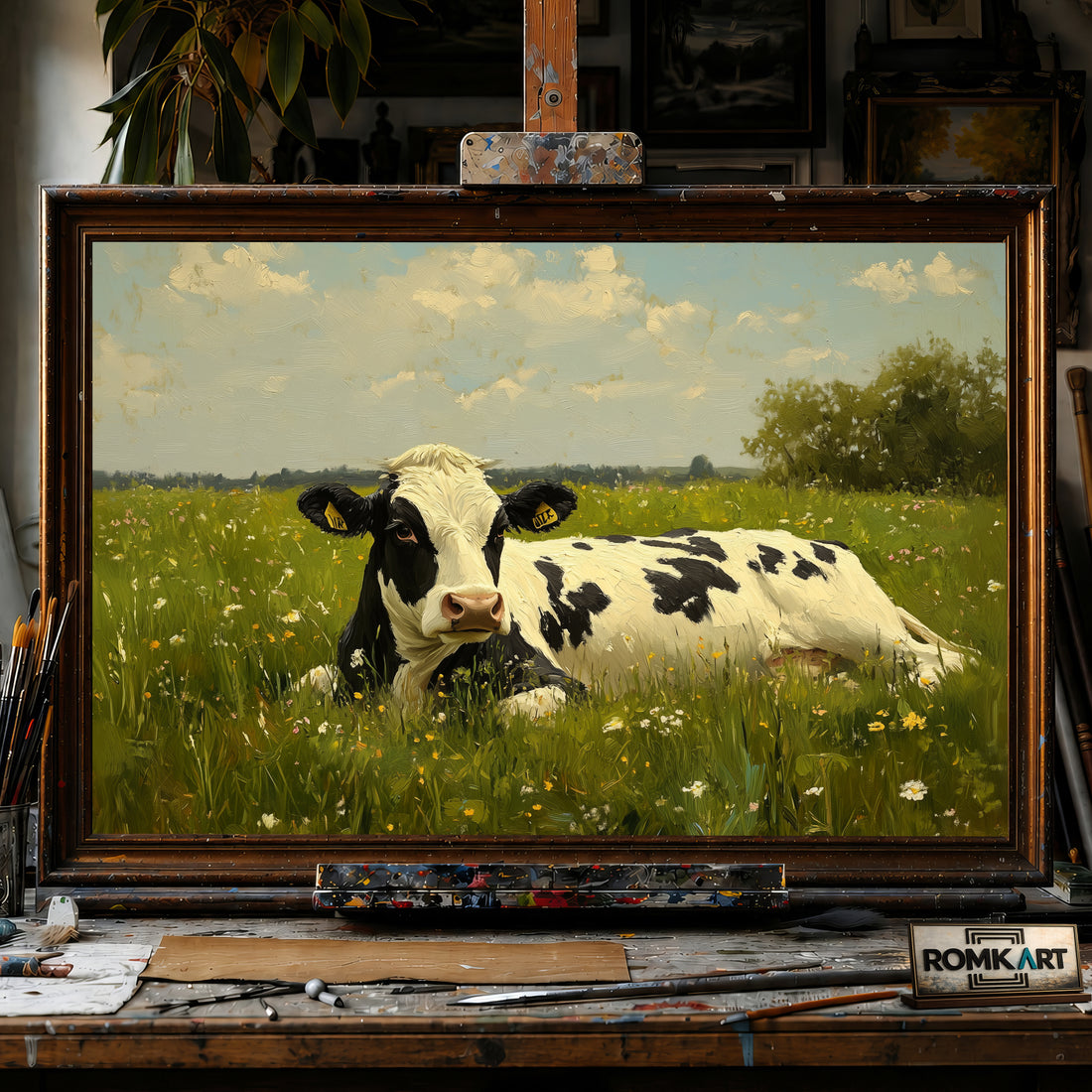 Black and White Holstein Cow hand-painted oil painting on canvas