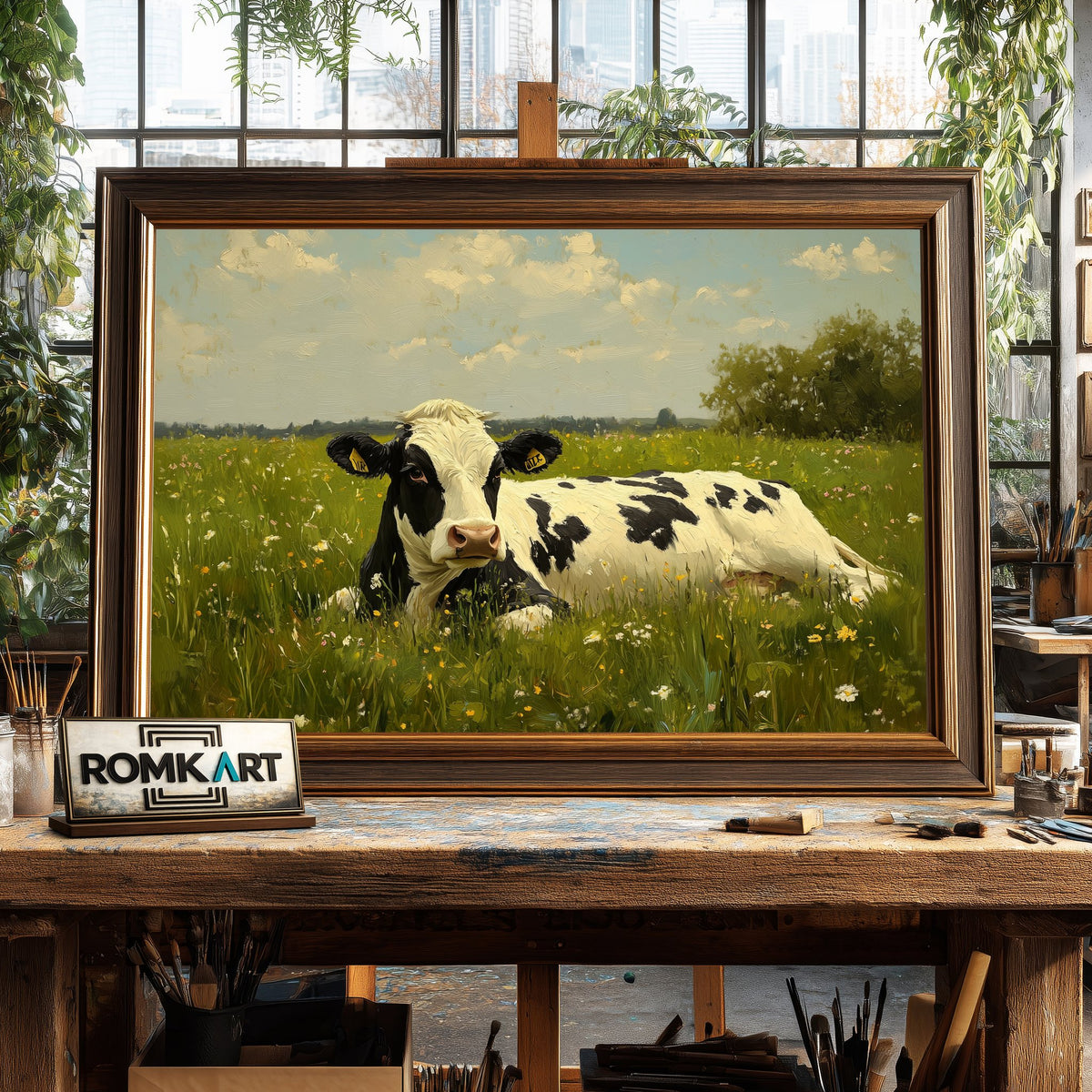 Black and White Holstein Cow Farm Animal Oil Painting - image 2