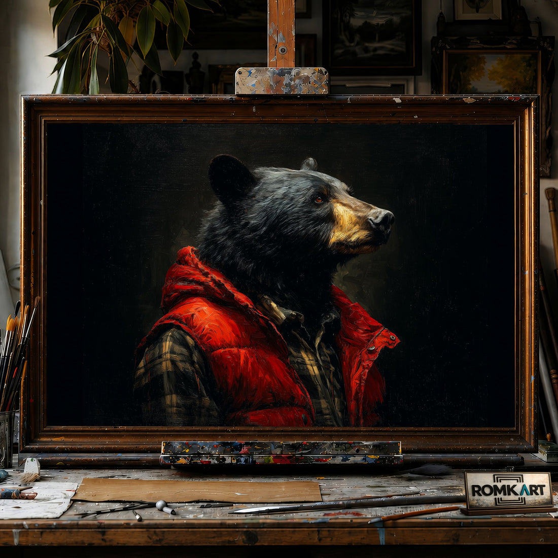 Black Bear Play Boy - Hand-Painted Oil Painting - View 1