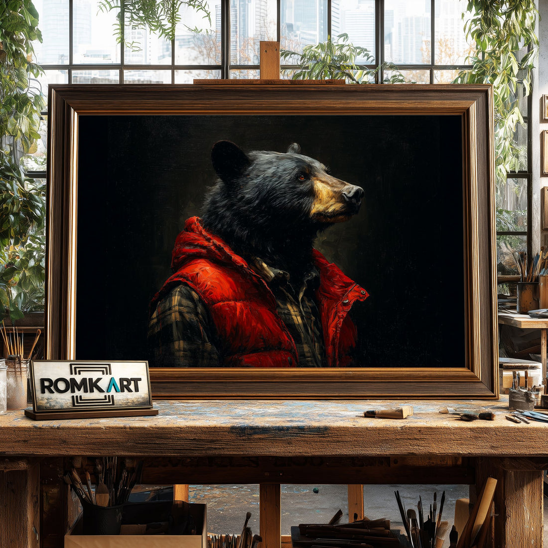 Black Bear Play Boy - Hand-Painted Oil Painting - View 1
