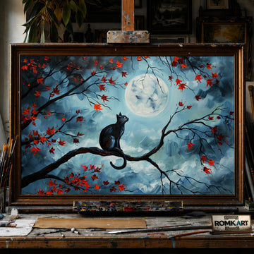 Black Cat and Mooon hand-painted oil painting on canvas