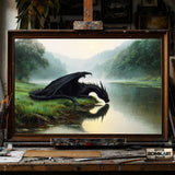 Black Dragon Fantasy Lakeside hand-painted oil painting on canvas