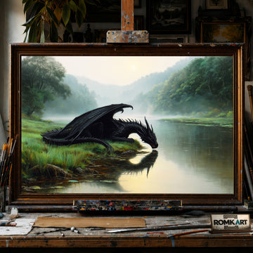 Black Dragon Fantasy Lakeside hand-painted oil painting on canvas