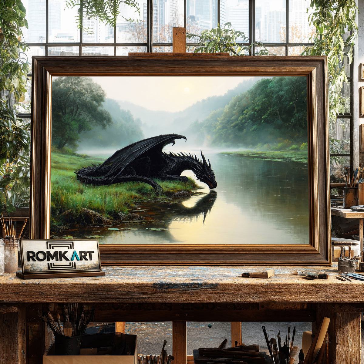 Black Dragon Fantasy Lakeside Oil Painting - image 2
