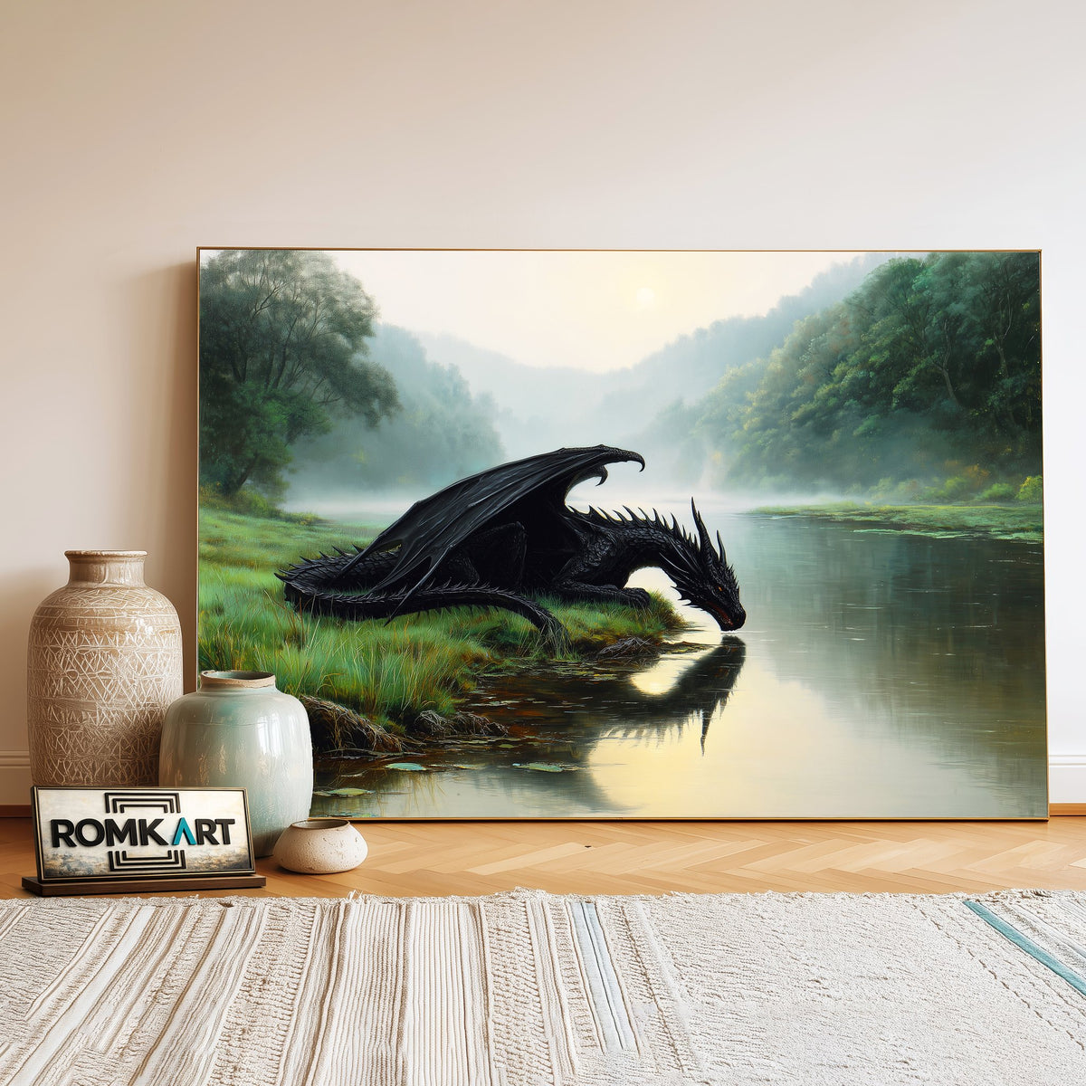 Black Dragon Fantasy Lakeside Oil Painting - image 3