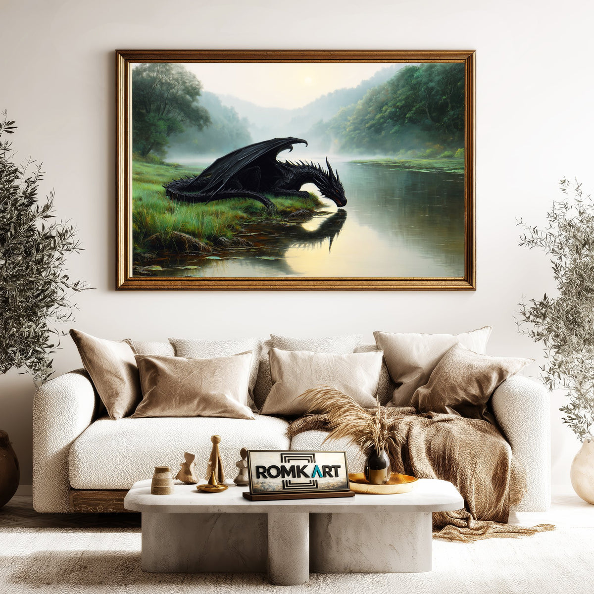 Black Dragon Fantasy Lakeside Oil Painting - image 5