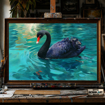 Black Swan on Tranquil Emerald-Blue Water hand-painted oil painting on canvas
