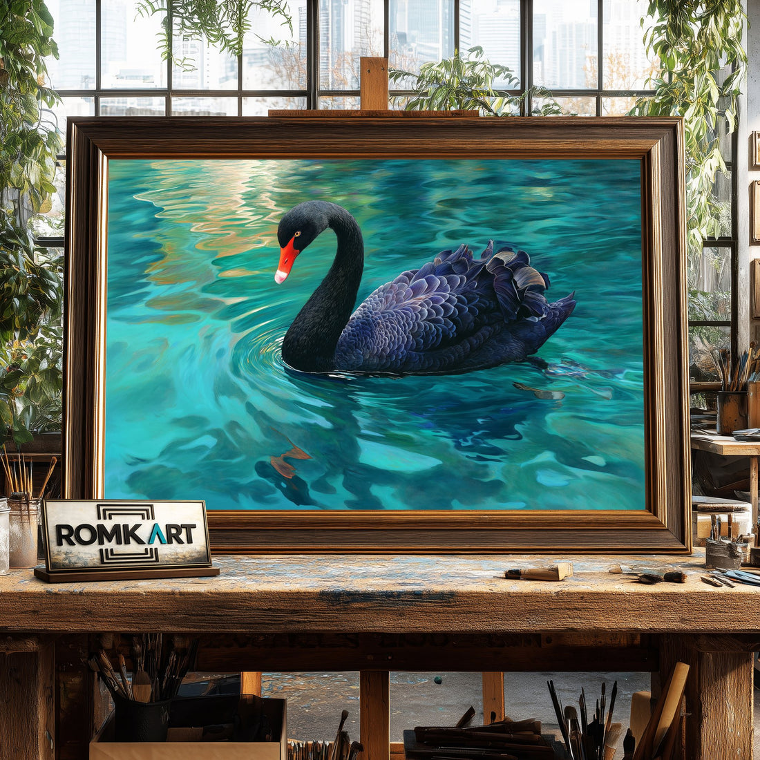 Black Swan on Tranquil Emerald-Blue Water hand-painted oil painting on canvas