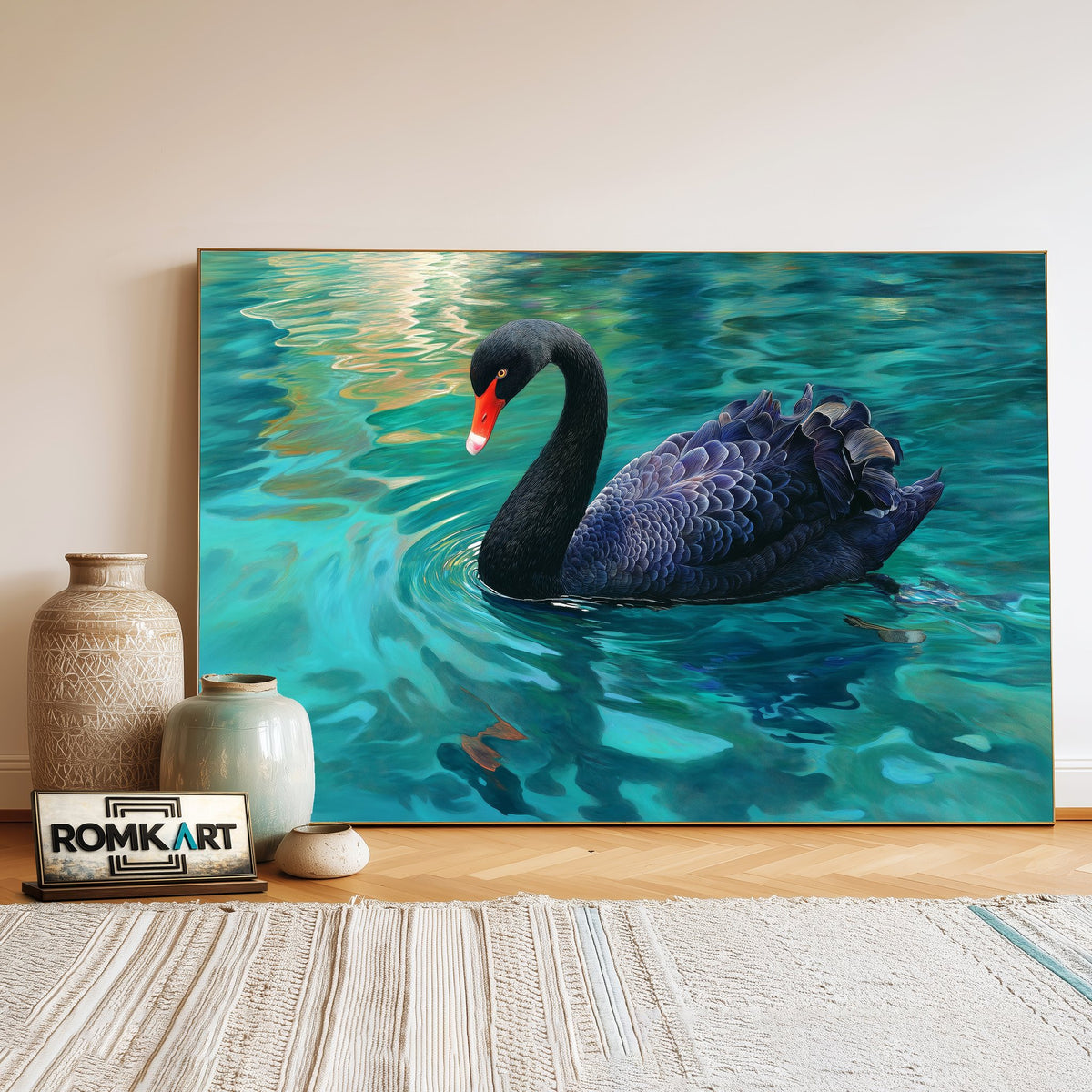 Black Swan on Tranquil Emerald-Blue Water Bird Oil Painting - image 3