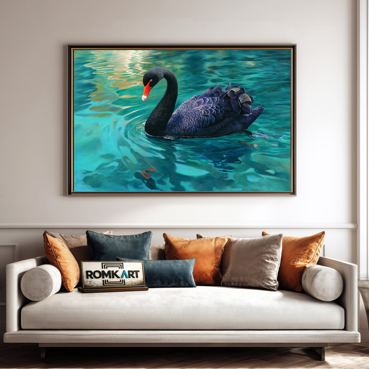 Black Swan on Tranquil Emerald-Blue Water Bird Oil Painting - image 4