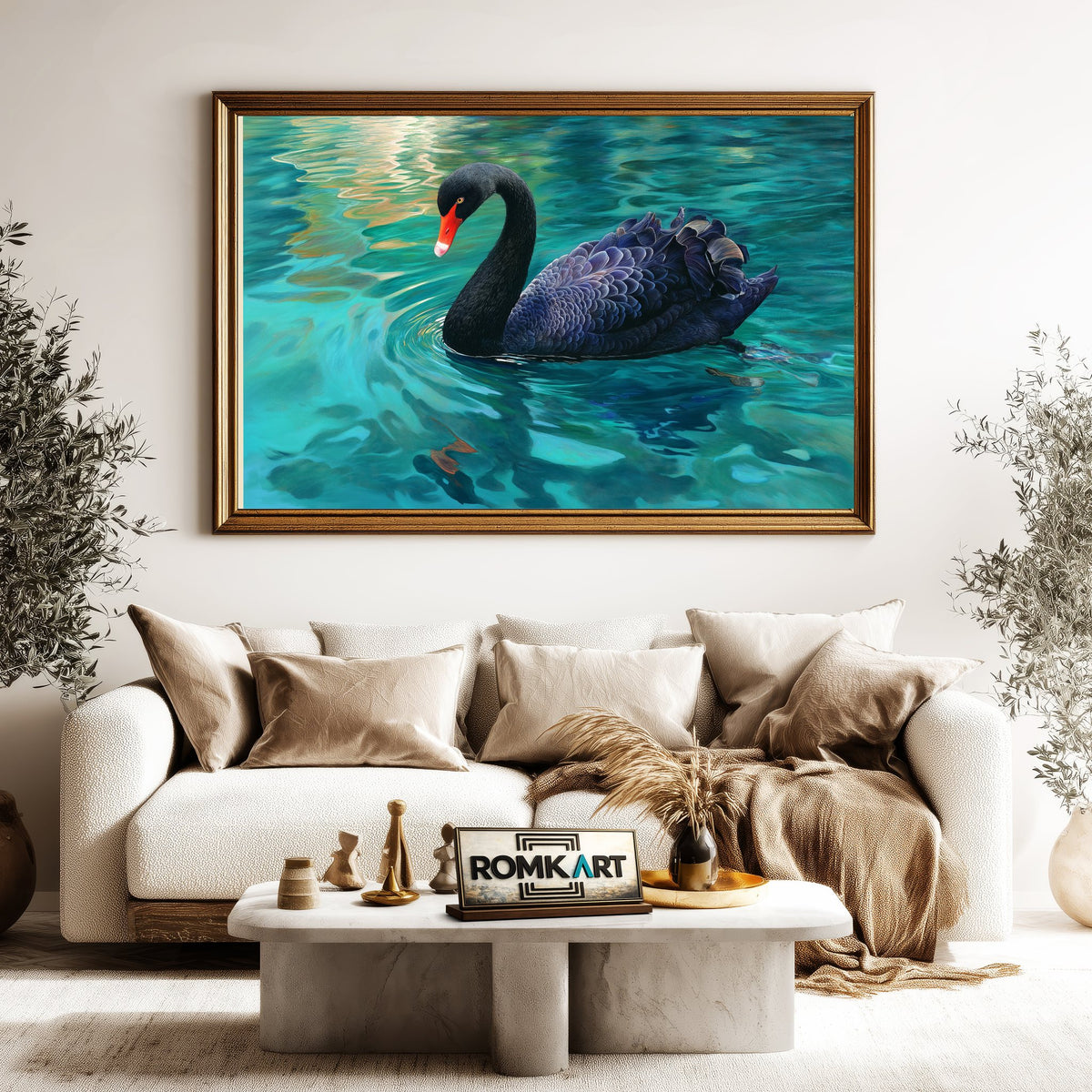 Black Swan on Tranquil Emerald-Blue Water Bird Oil Painting - image 5