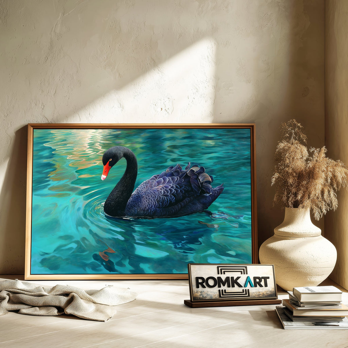 Black Swan on Tranquil Emerald-Blue Water Bird Oil Painting - image 6