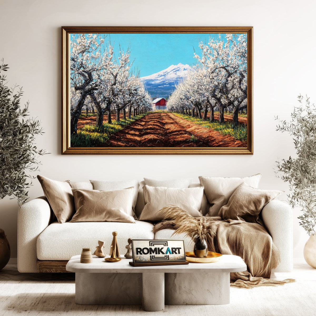 Blooming Orchard Farm Countryside Oil Painting - image 5