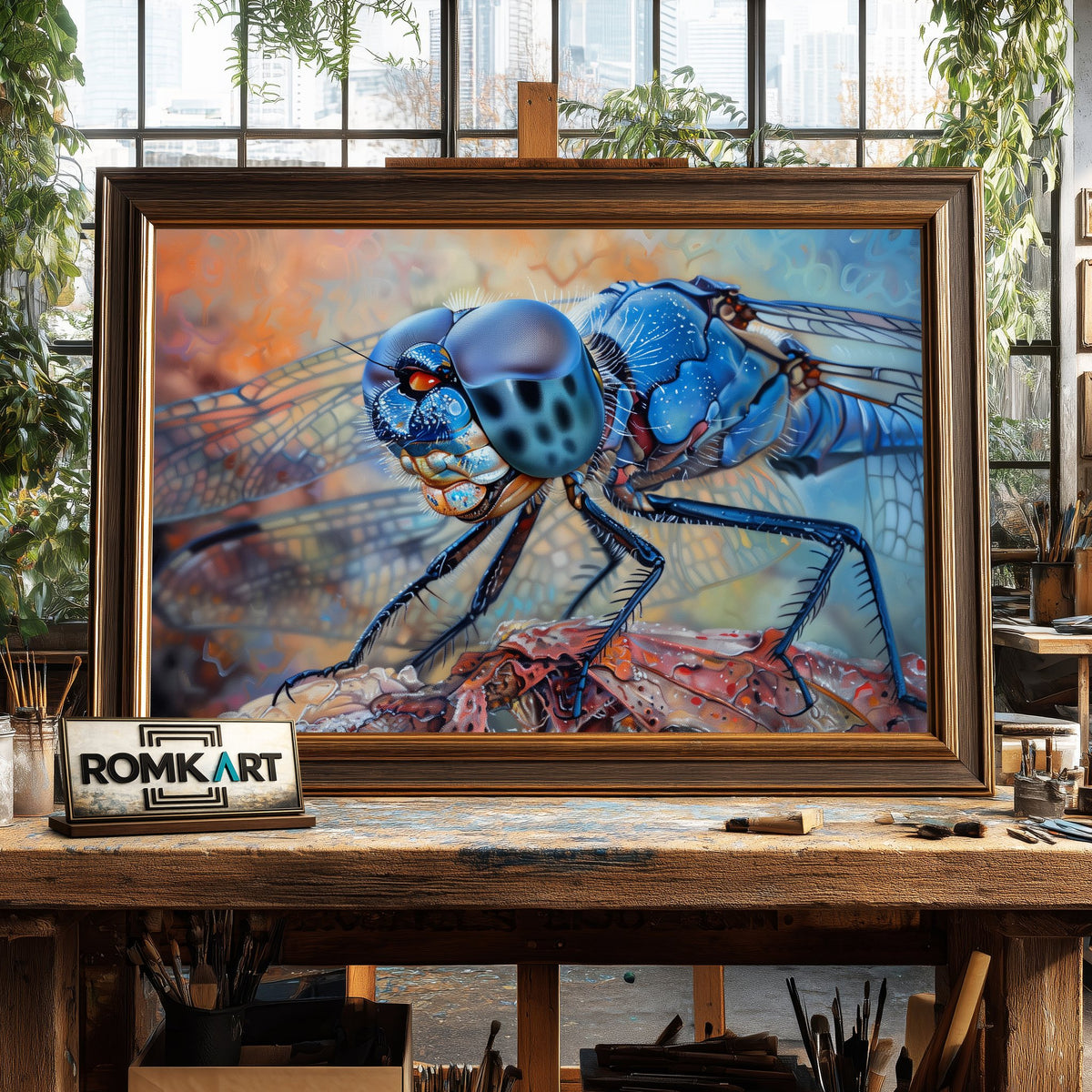 Blue Dragonfly Insect Oil Painting - image 2
