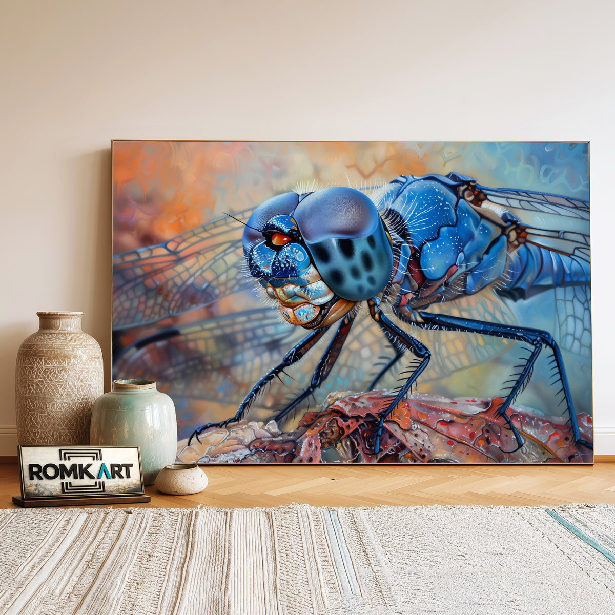 Blue Dragonfly Insect Oil Painting - image 3