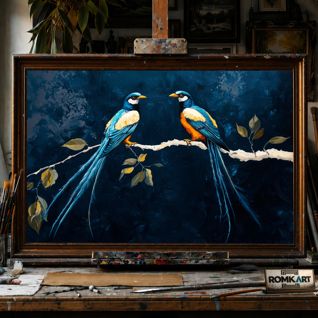 Blue Long-tailed Birds hand-painted oil painting on canvas