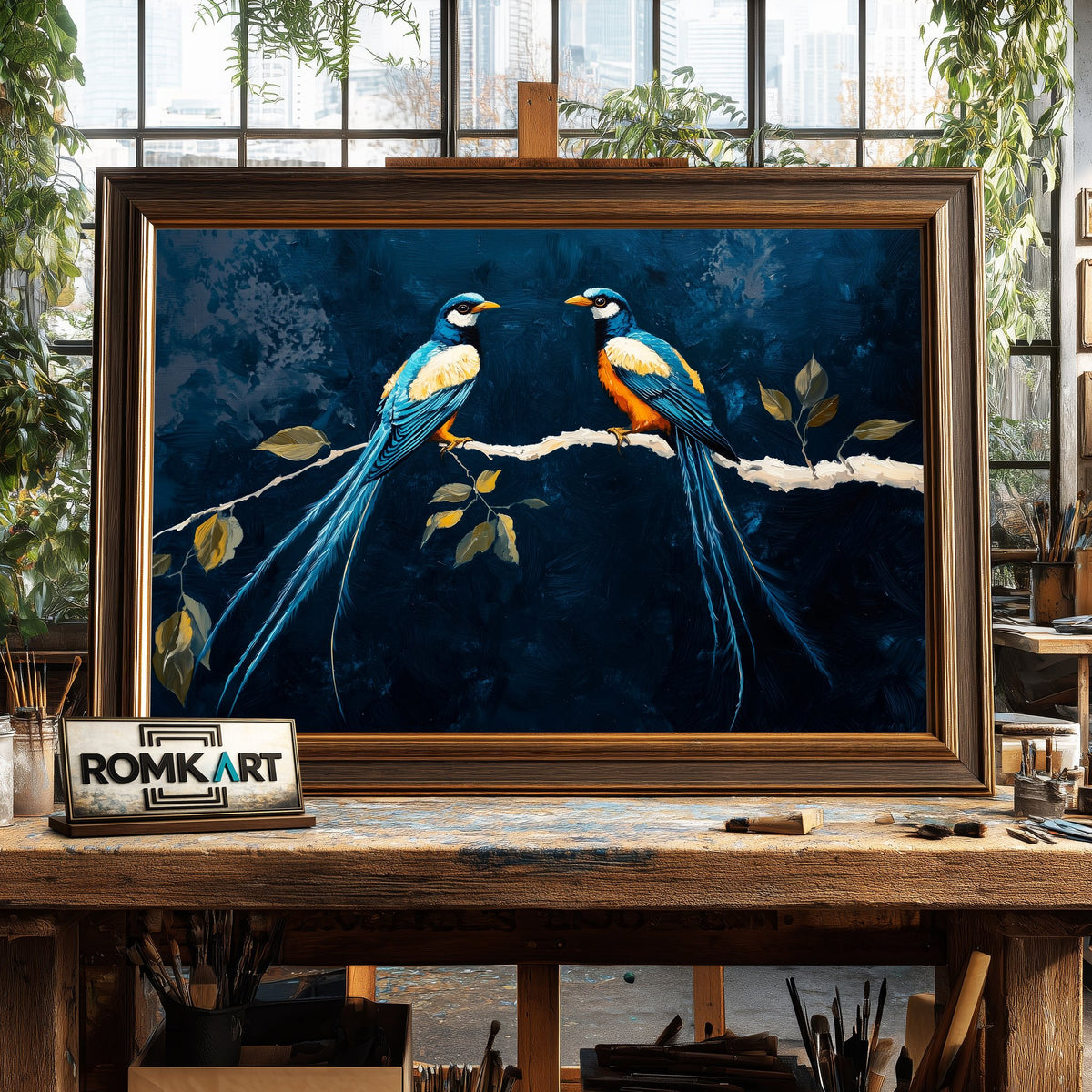 Blue Long-tailed Birds Oil Painting - image 2