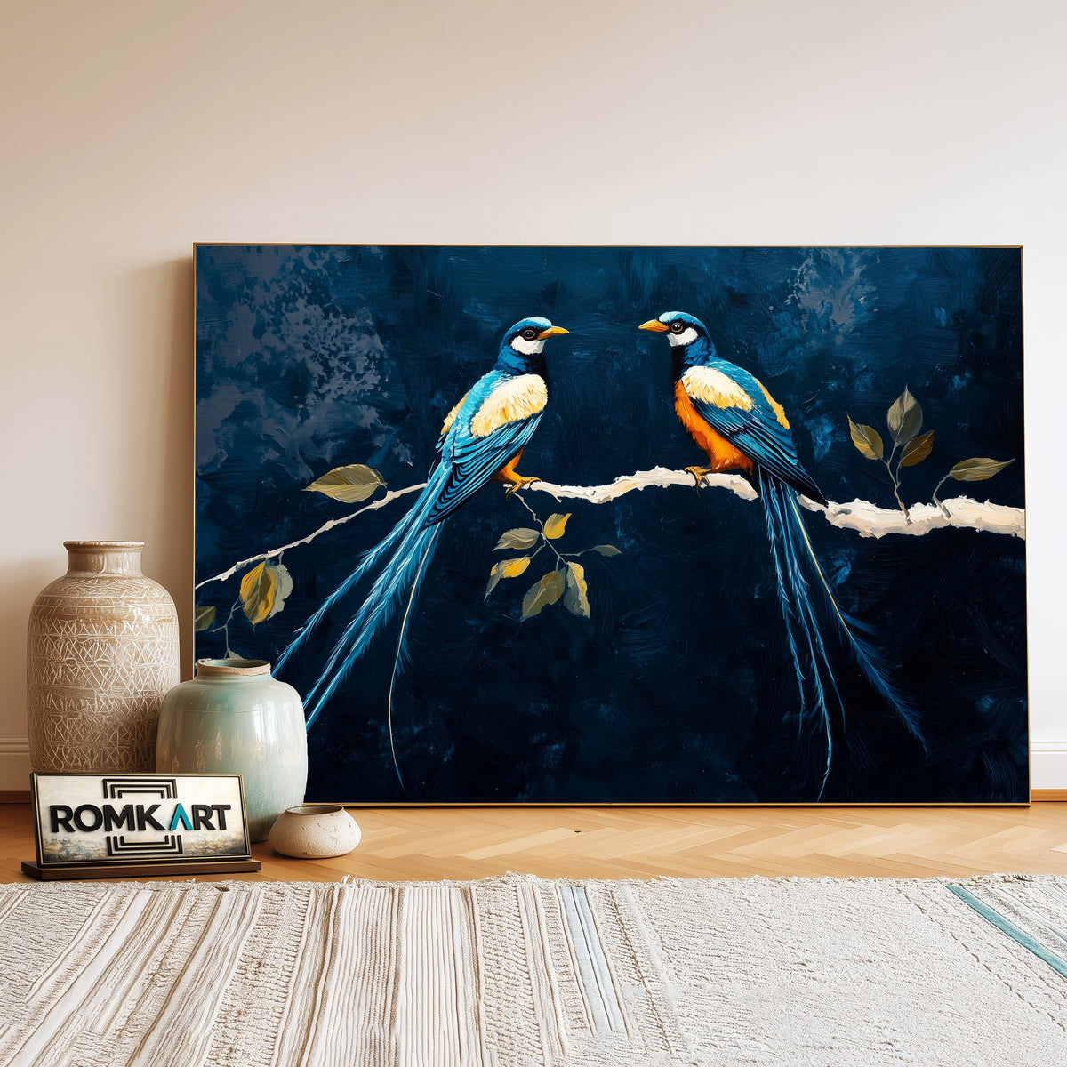 Blue Long-tailed Birds Oil Painting - image 3