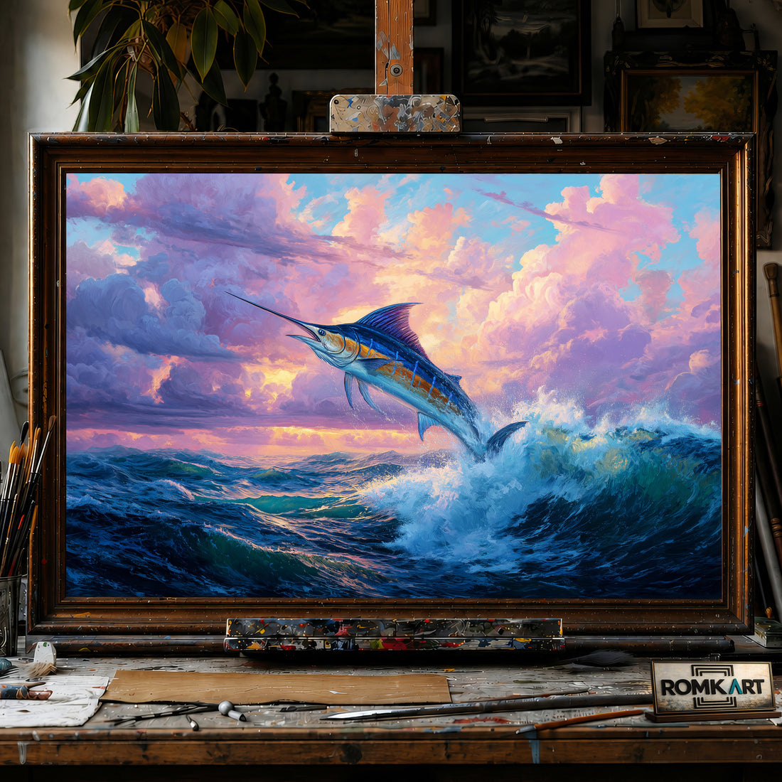 Blue Marlin Leaping hand-painted oil painting on canvas