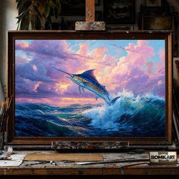Blue Marlin Leaping hand-painted oil painting on canvas