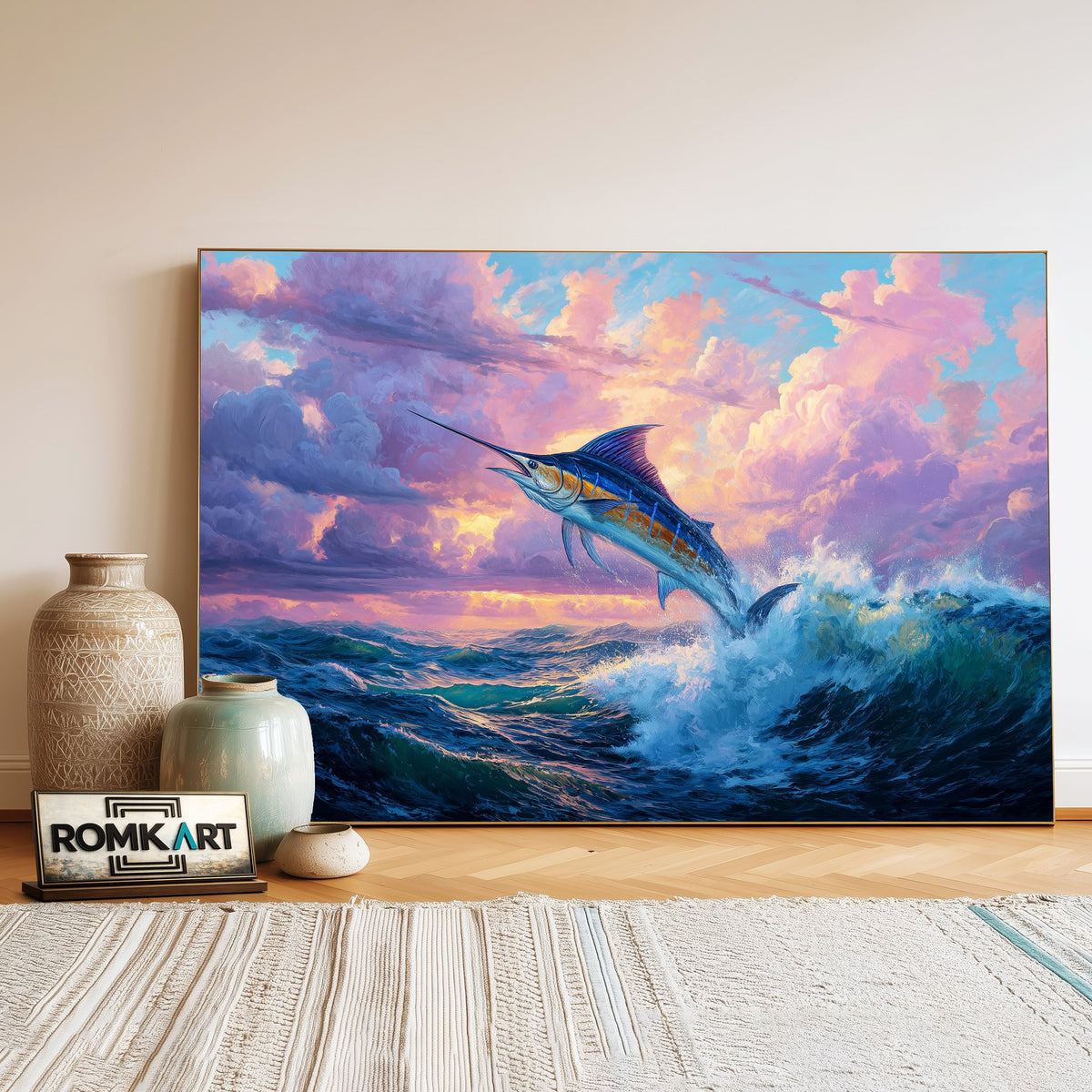 Blue Marlin Leaping Marine Life Oil Painting - image 3