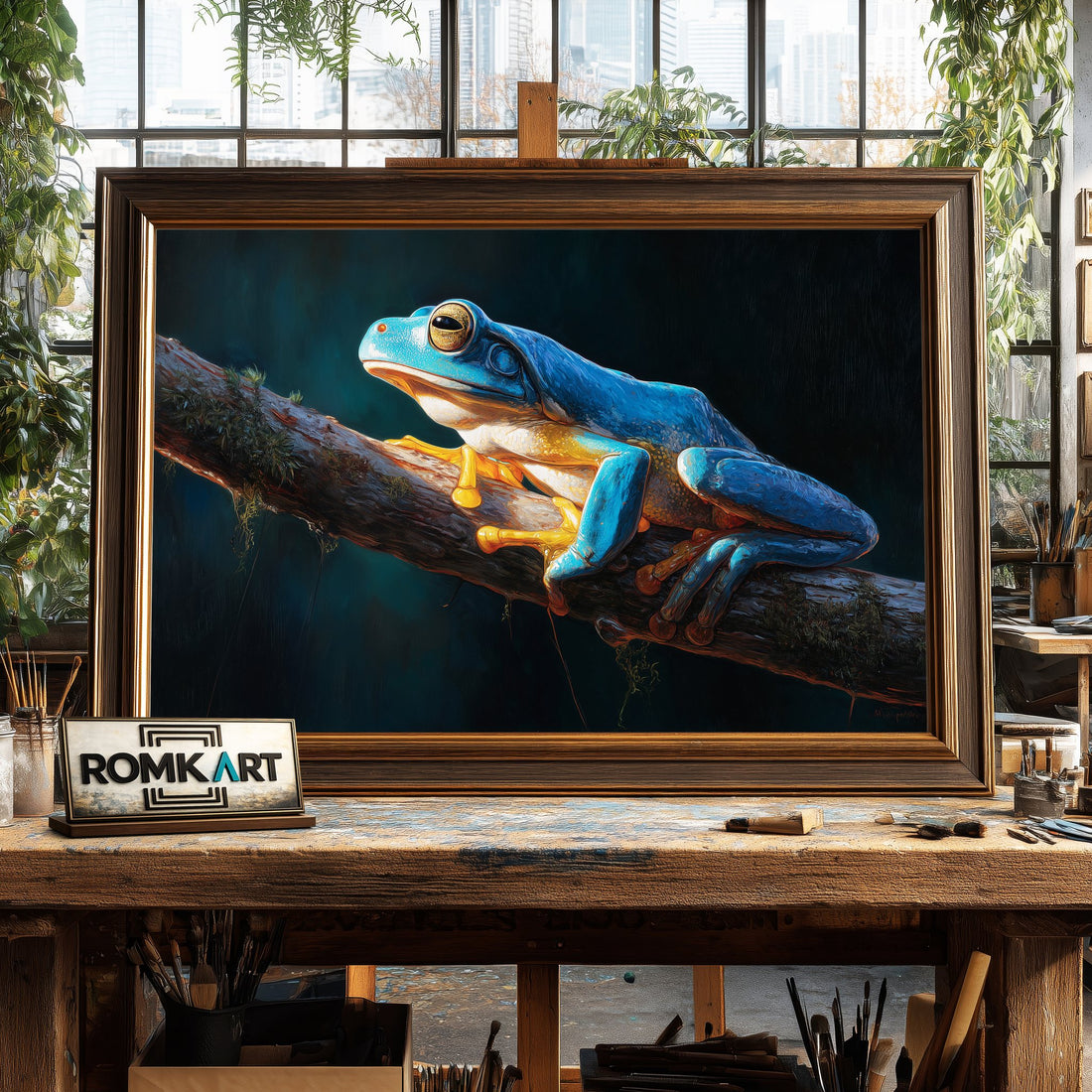 Blue Tree Frog hand-painted oil painting on canvas