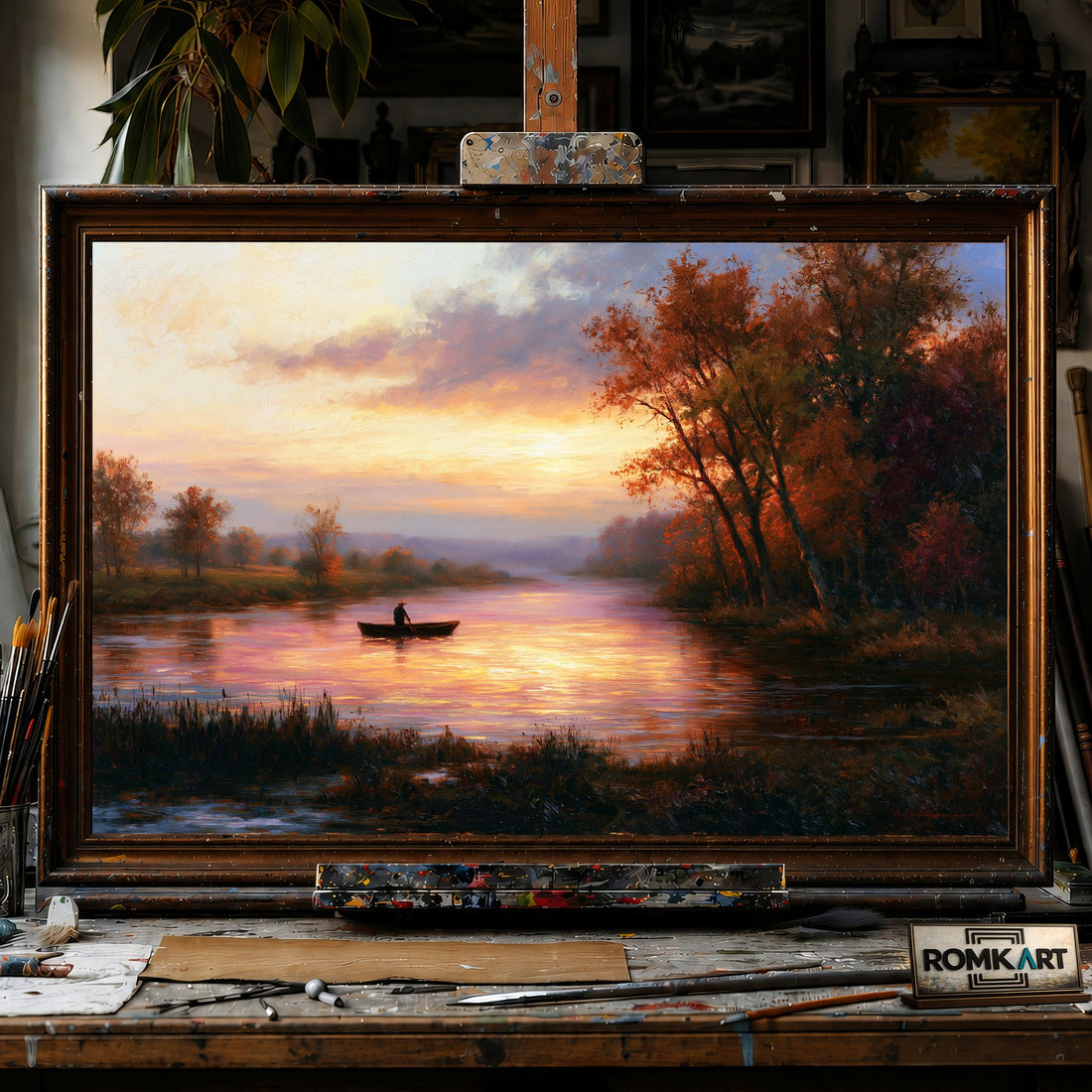 boatman at sunset - Hand-Painted Oil Painting - View 1