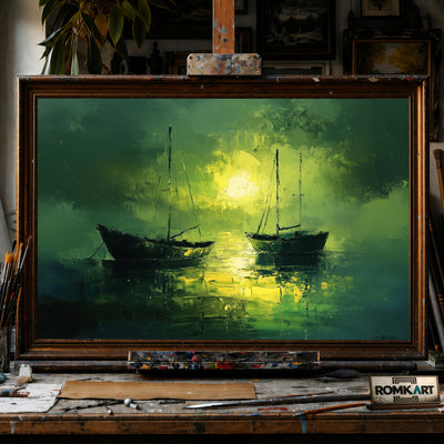 Boats on Lake Maritime Oil Painting