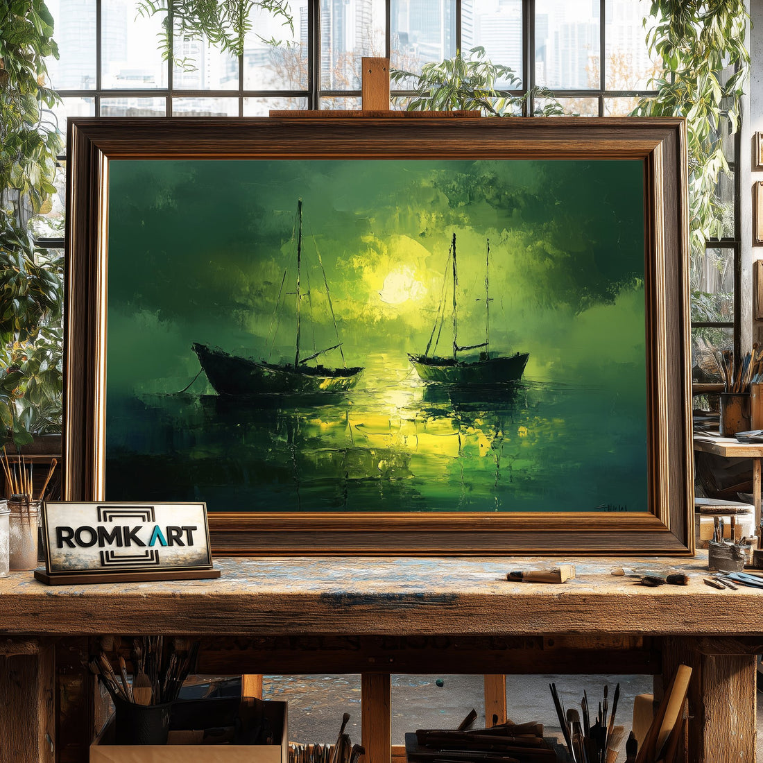 Boats on Lake Maritime Oil Painting
