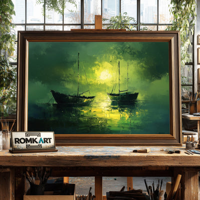 Boats on Lake Maritime Oil Painting - image 2