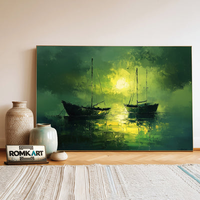 Boats on Lake Maritime Oil Painting - image 3